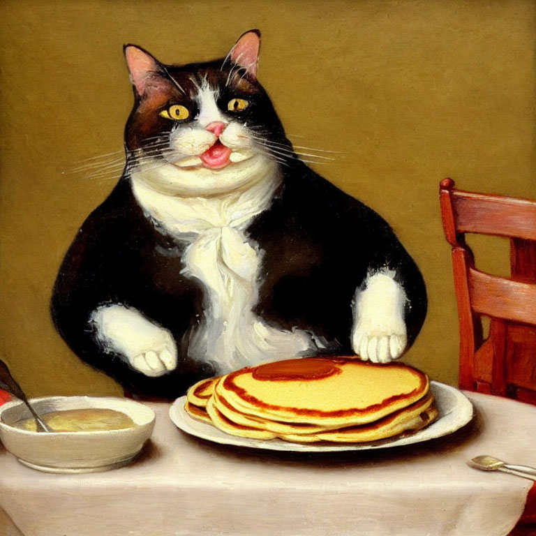 Chubby tuxedo cat enjoying pancakes with butter and spoon