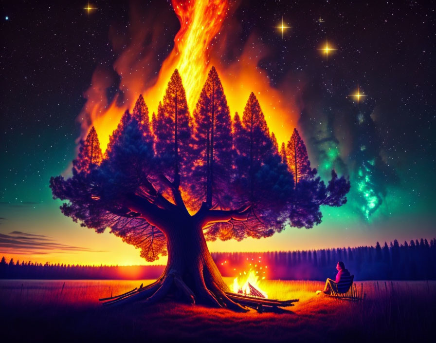 Person sitting by campfire under fantastical tree with blazing branches against starry night sky and northern lights