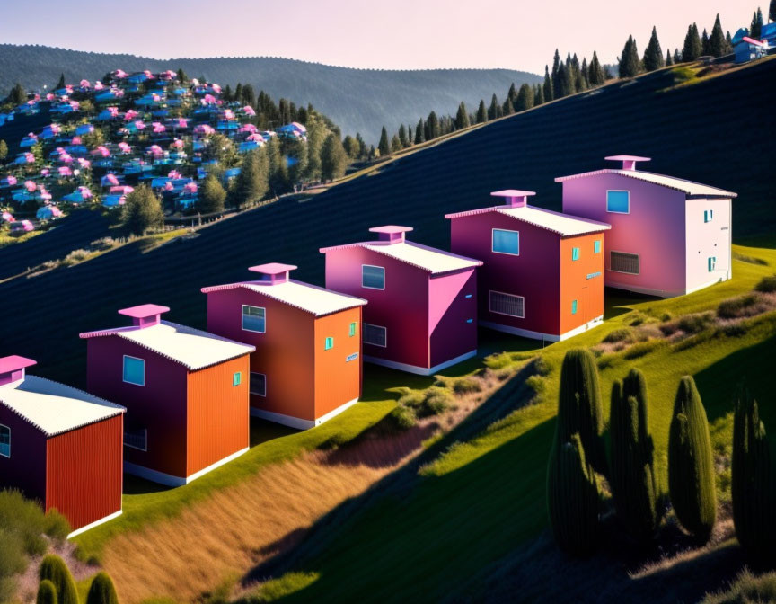 Vibrant houses on hilly landscape with trees under clear sky