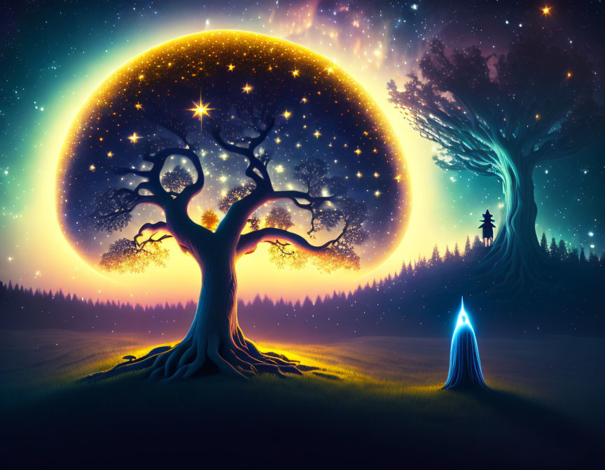 Whimsical night landscape with glowing star-filled tree and celestial circle backdrop