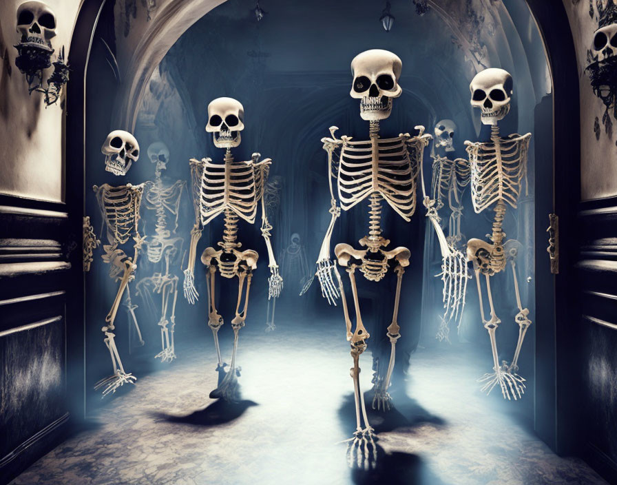 Four skeletons with oversized skulls in dimly lit hallway with arched doorways.