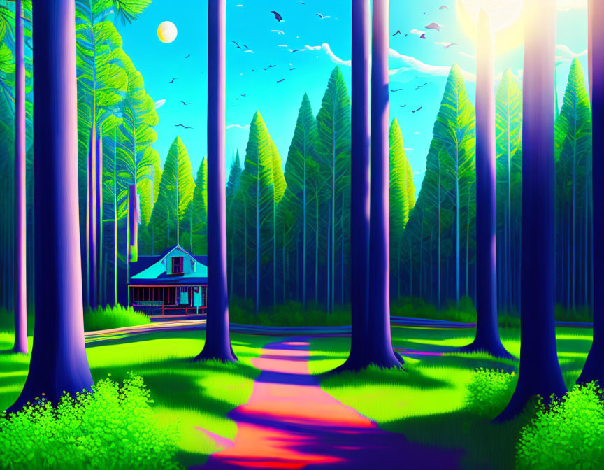 Vibrant surreal landscape with tall trees and small house under clear sky