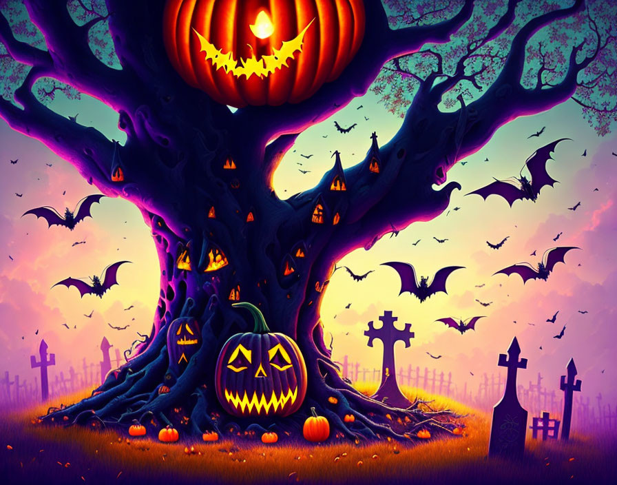 Spooky Halloween scene with carved pumpkins, haunting tree, bats, graves in twilight sky