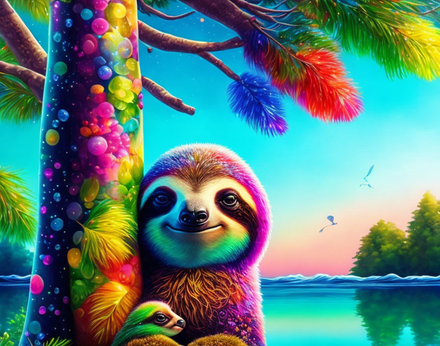 Vibrant sloth illustration on rainbow tree by scenic lake