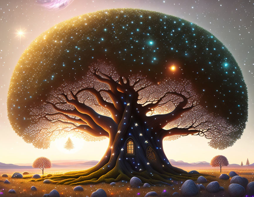 Illustration of whimsical glowing tree with star-filled canopy against twilight sky