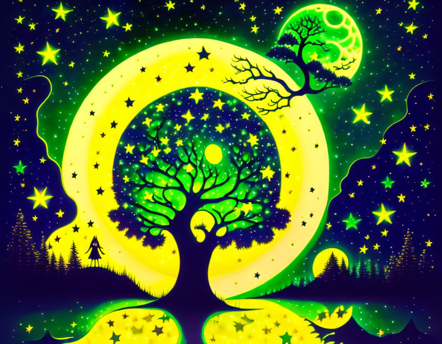 Vibrant Neon Green and Yellow Tree with Night Sky and Moon