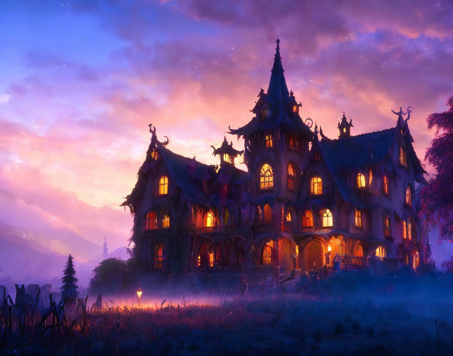 Fantasy mansion at twilight with glowing windows and ornate rooftops