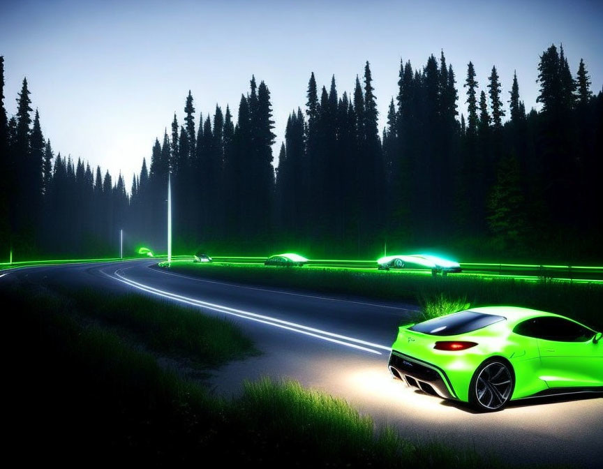 Bright Green Sports Car Parked on Curving Road at Dusk