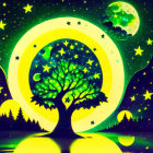 Vibrant Neon Green and Yellow Tree with Night Sky and Moon