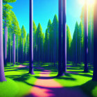 Vibrant surreal landscape with tall trees and small house under clear sky