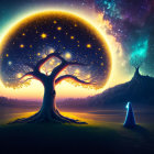 Whimsical night landscape with glowing star-filled tree and celestial circle backdrop