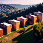 Vibrant houses on hilly landscape with trees under clear sky