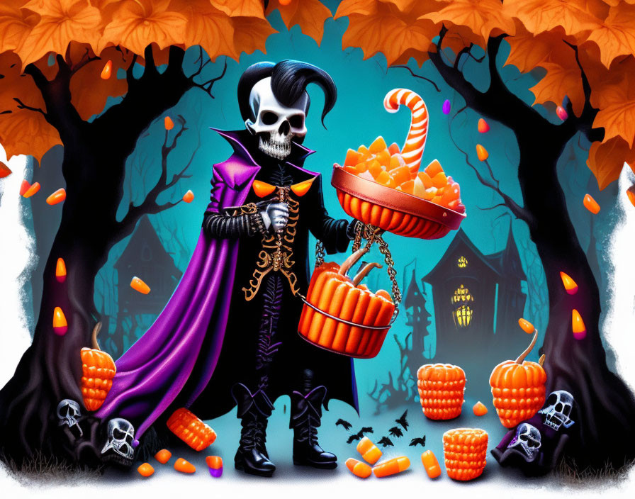 Cartoonish skeletal figure with pumpkin basket in spooky setting