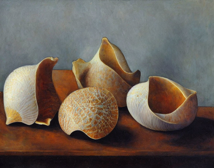 Realistic Painting of Five Seashells on Wooden Surface