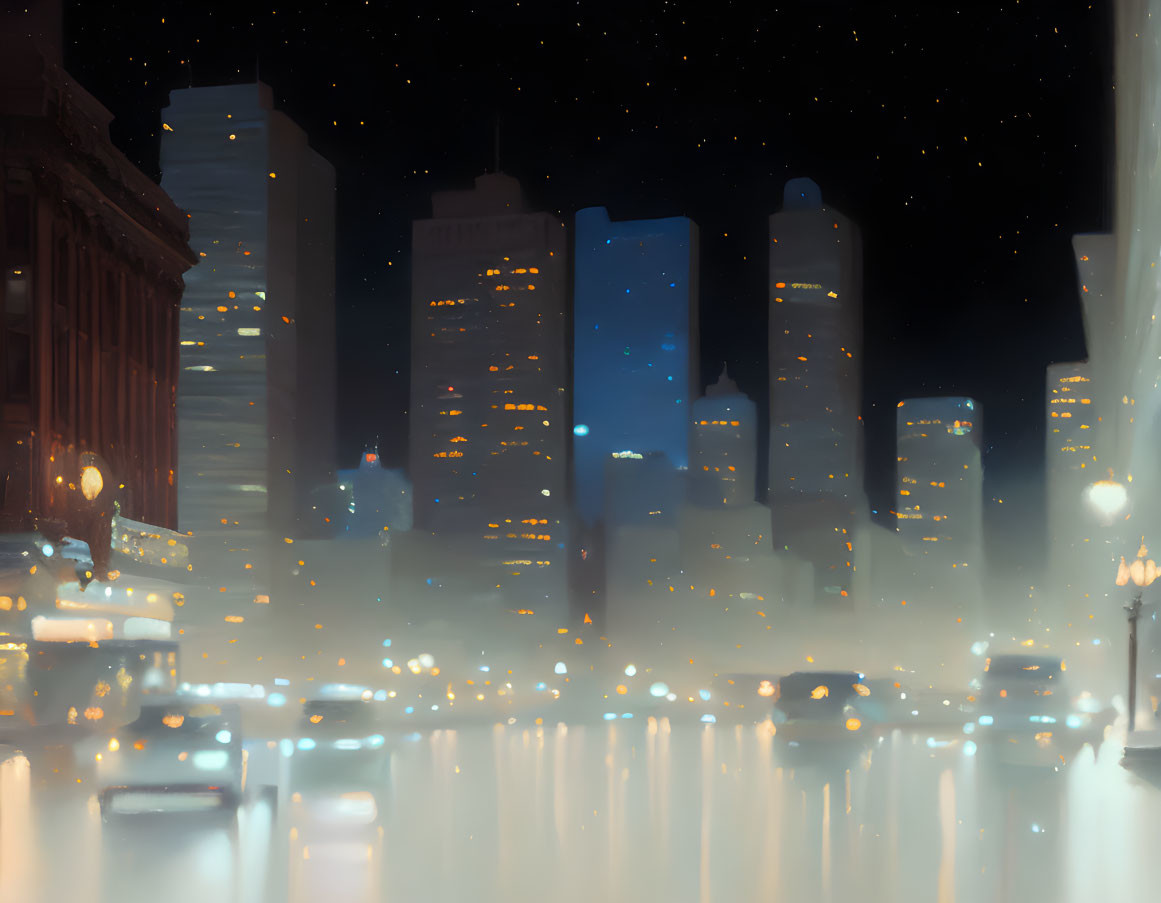 Blurred lights and starry sky in night cityscape