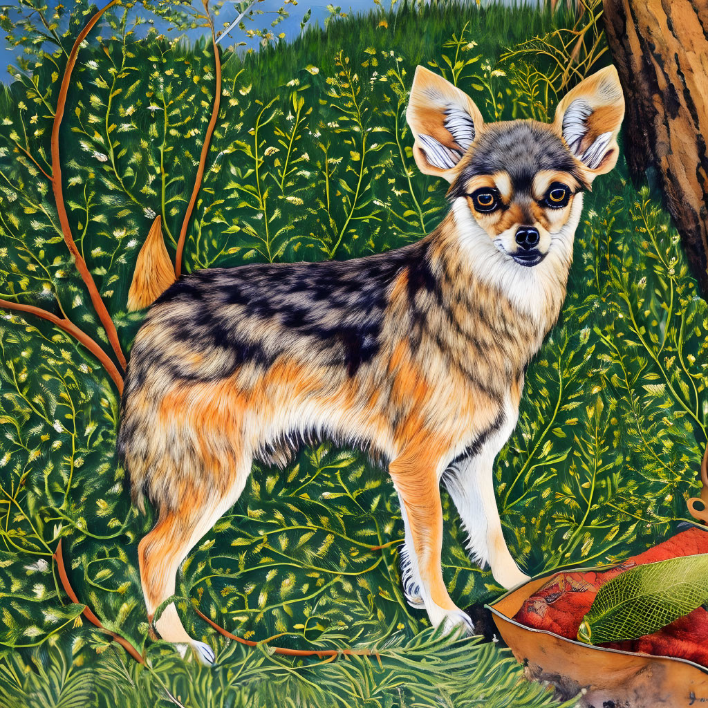 Detailed painting of alert fox in vibrant greenery with beetle