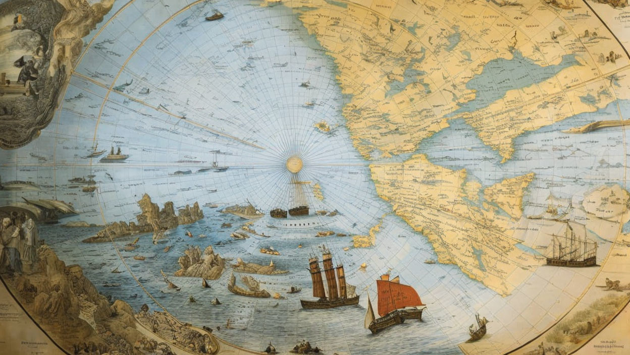 Vintage World Map Featuring Sailing Ships, Lighthouse & Mythological Figures