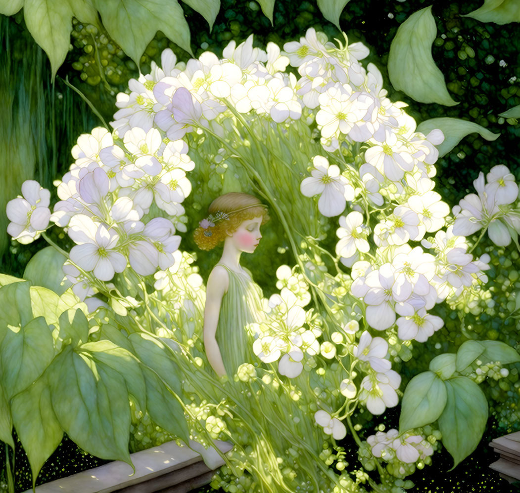 Woman in White Flower Garden: Serene Fairytale Illustration