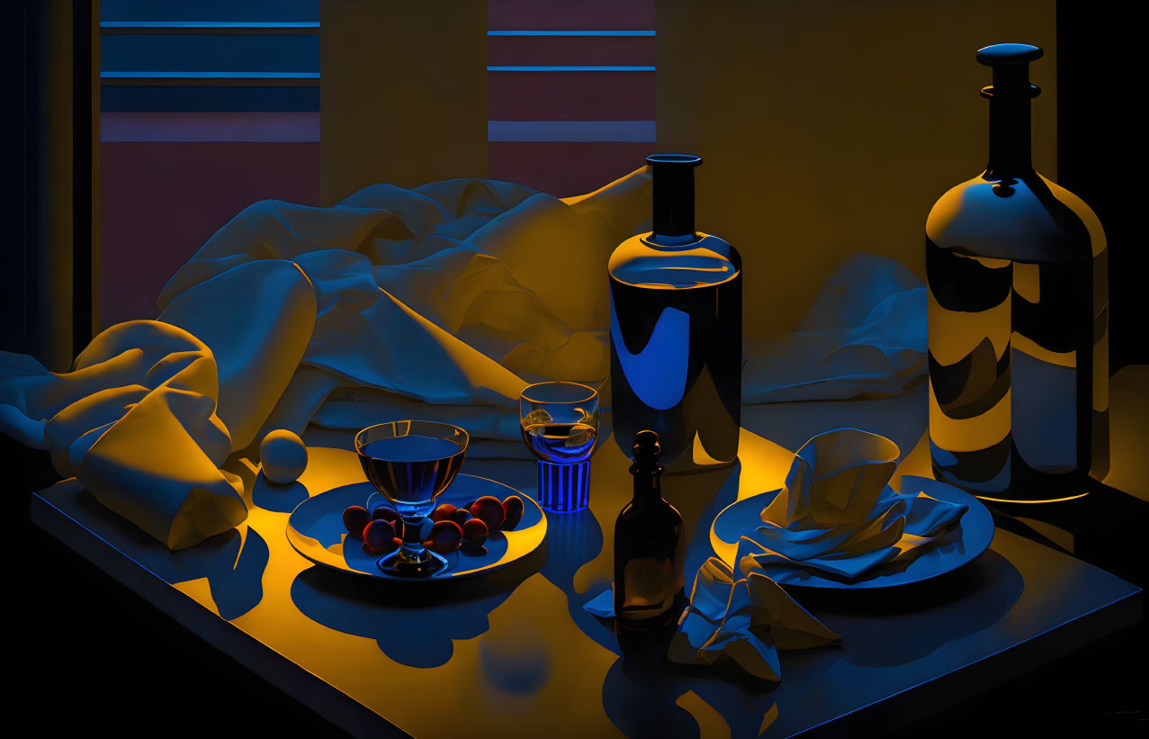 Nighttime still life with glass bottles, glasses, grapes, draped cloth, and warm lighting