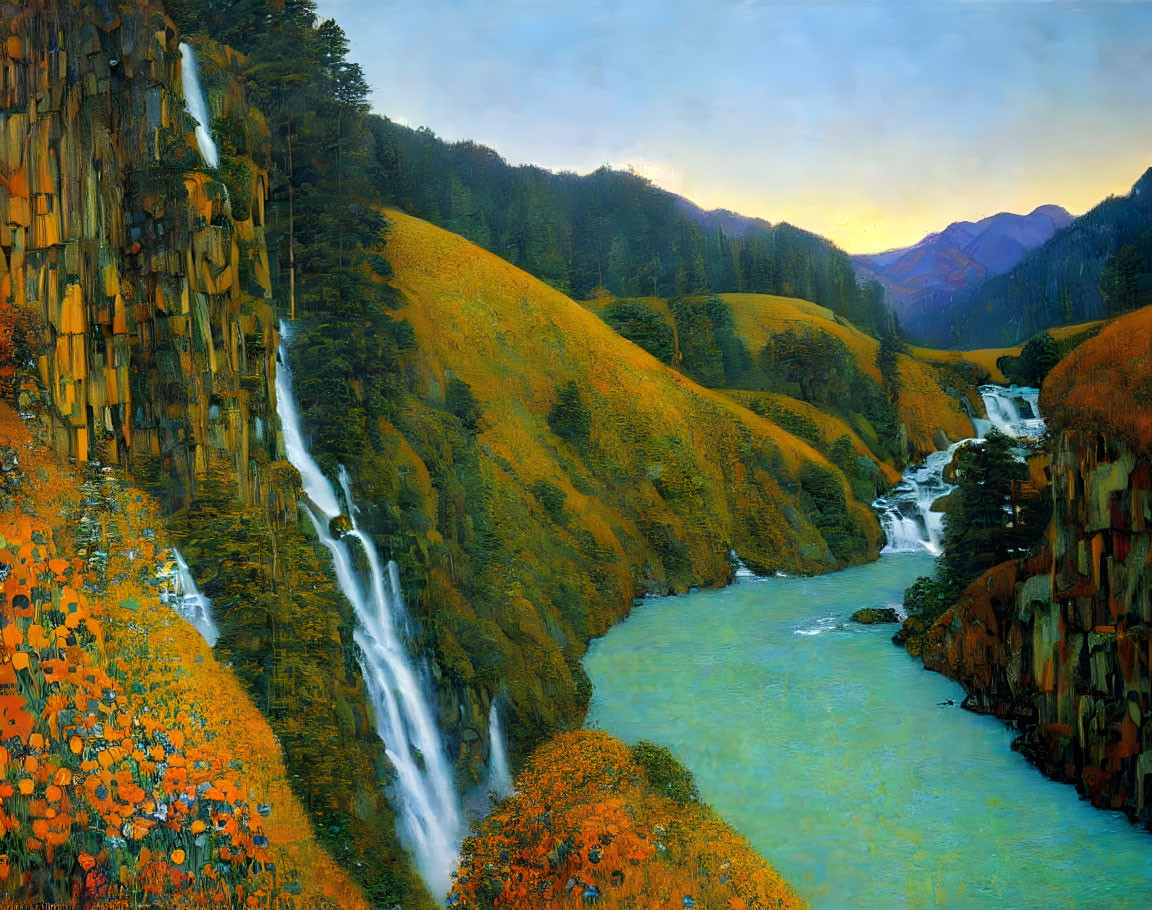 Scenic valley with waterfalls, orange cliffs, river, and mountains