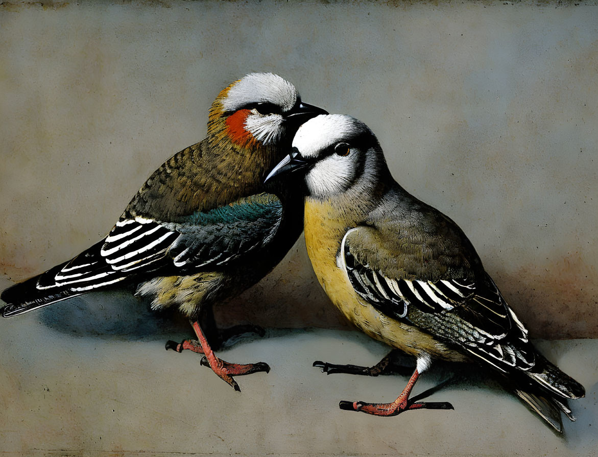 Colorful Birds Displaying Affection on Plain Background