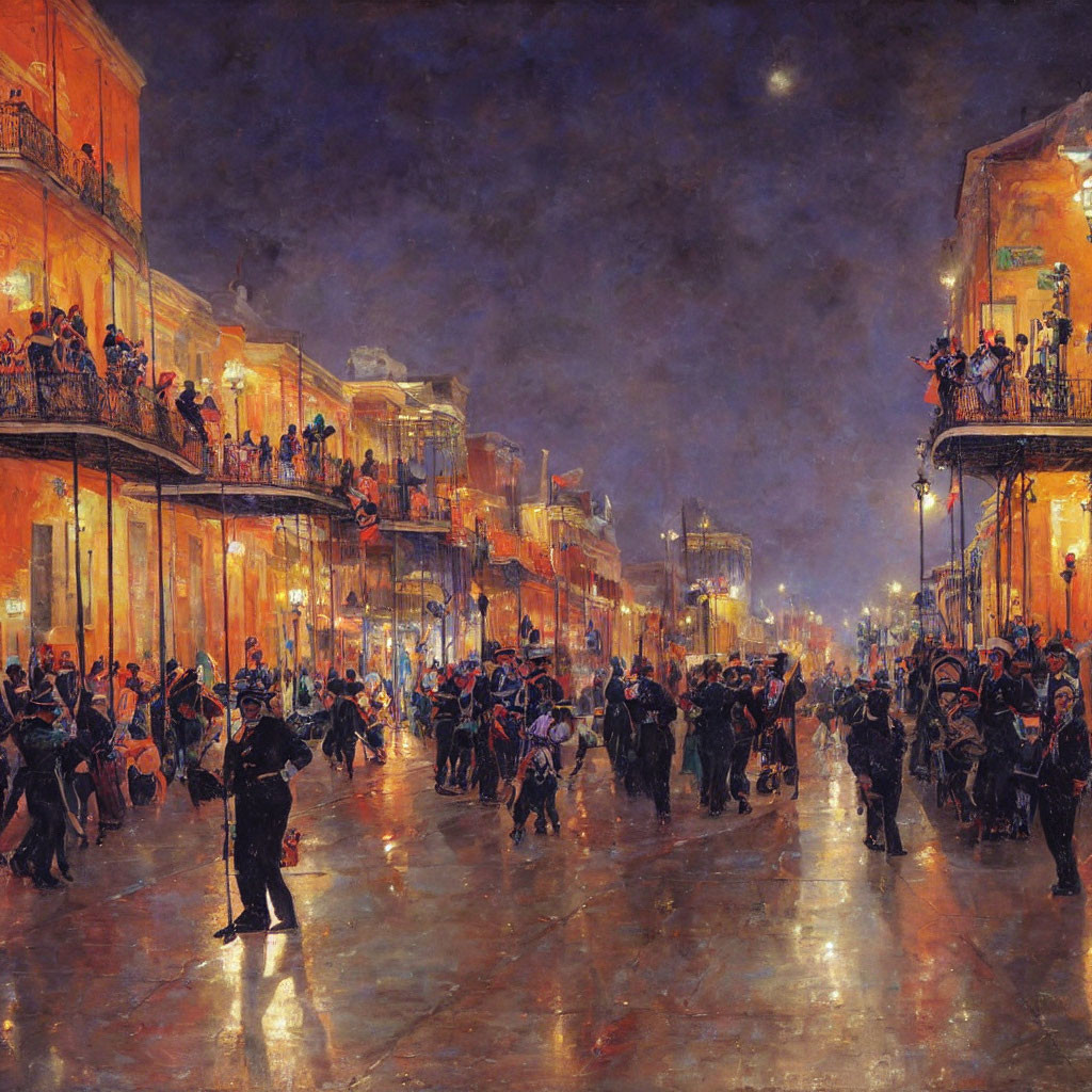 Colorful impressionistic painting of a bustling night cityscape