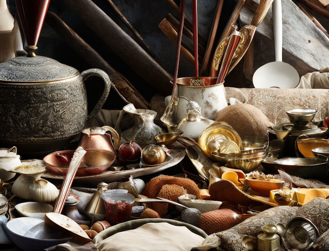 Vintage teapot, cups, saucers, and decor in artistic still life