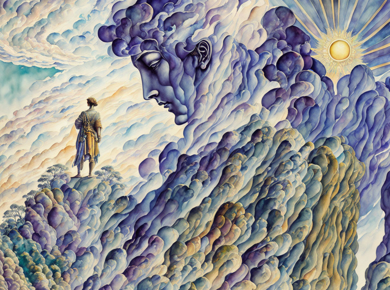 Surreal painting: Man on clouds with giant face profile and sun.