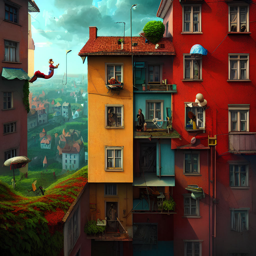 Vibrant multi-level building artwork with surreal elements and diverse activities