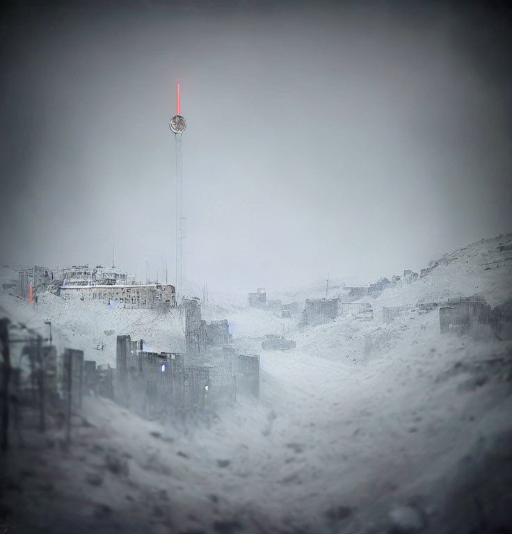 Snowy landscape with red signal tower in misty setting