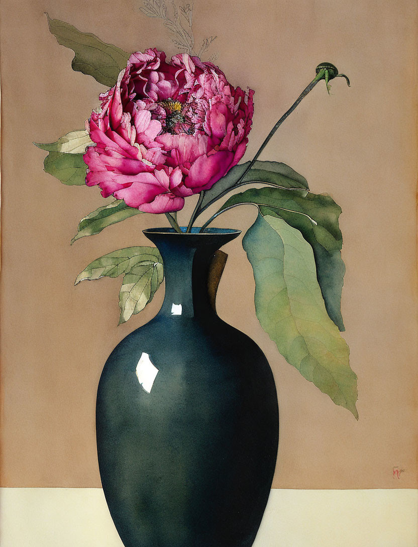 Pink peony in dark blue vase on pale background