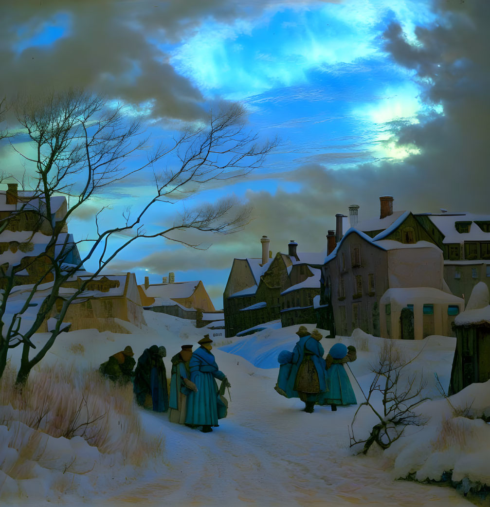 Victorian-era people stroll snowy village street at dusk