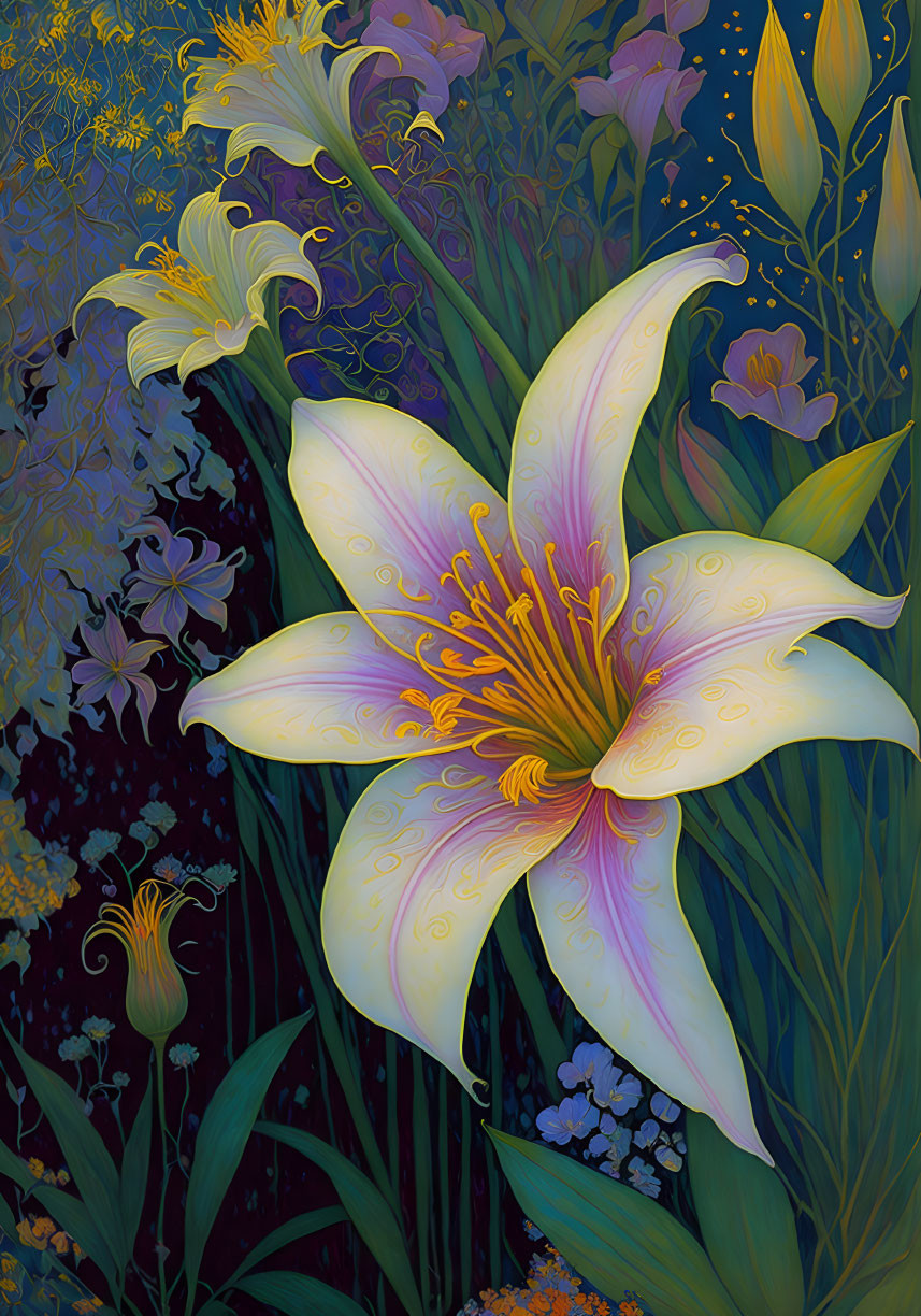 Colorful illustration of large yellow and pink lily surrounded by vibrant flowers on dark backdrop