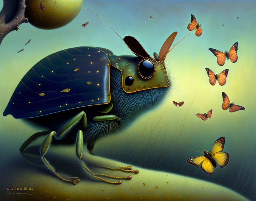 Surreal illustration of robotic beetle with butterflies in whimsical setting