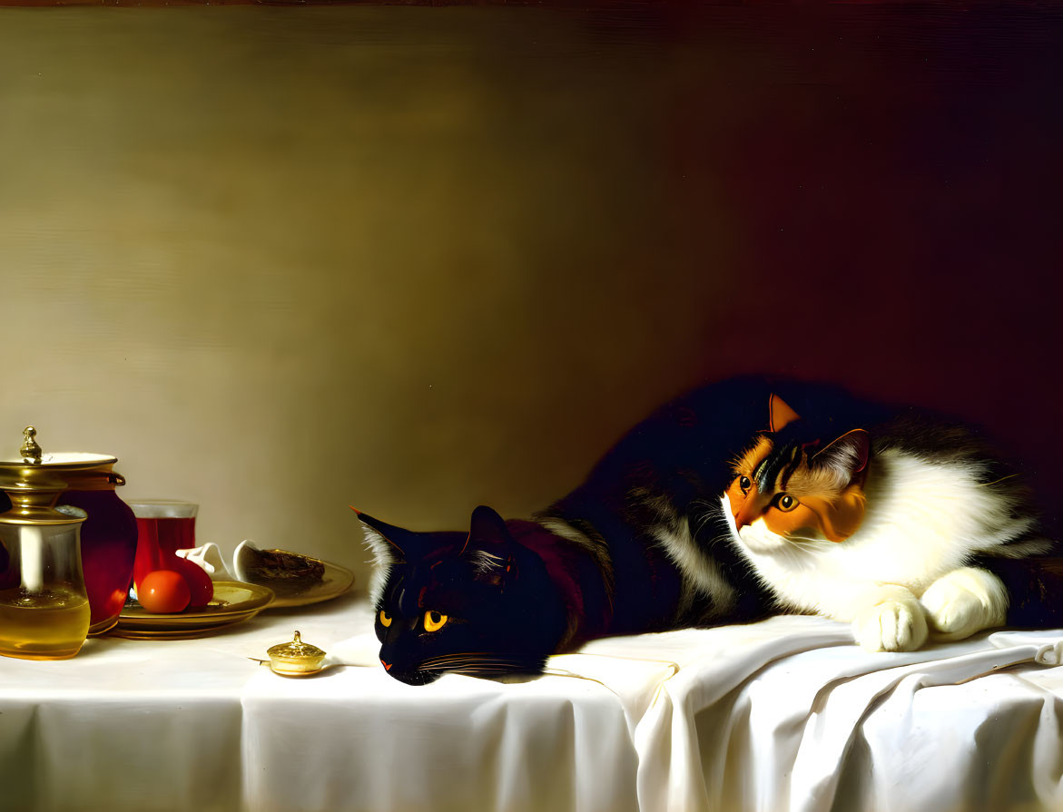 Feline and Tea Table Still Life with Dessert