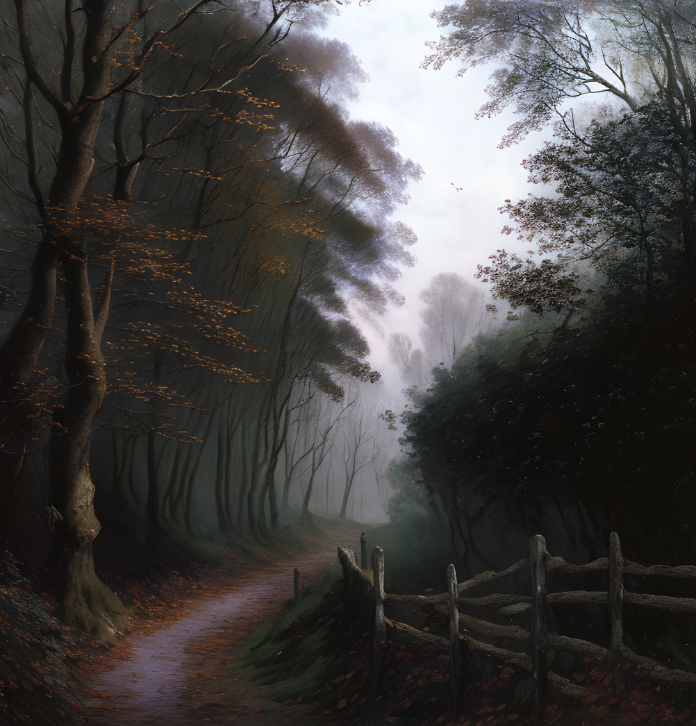 Tranquil forest path with wooden fence and autumn trees