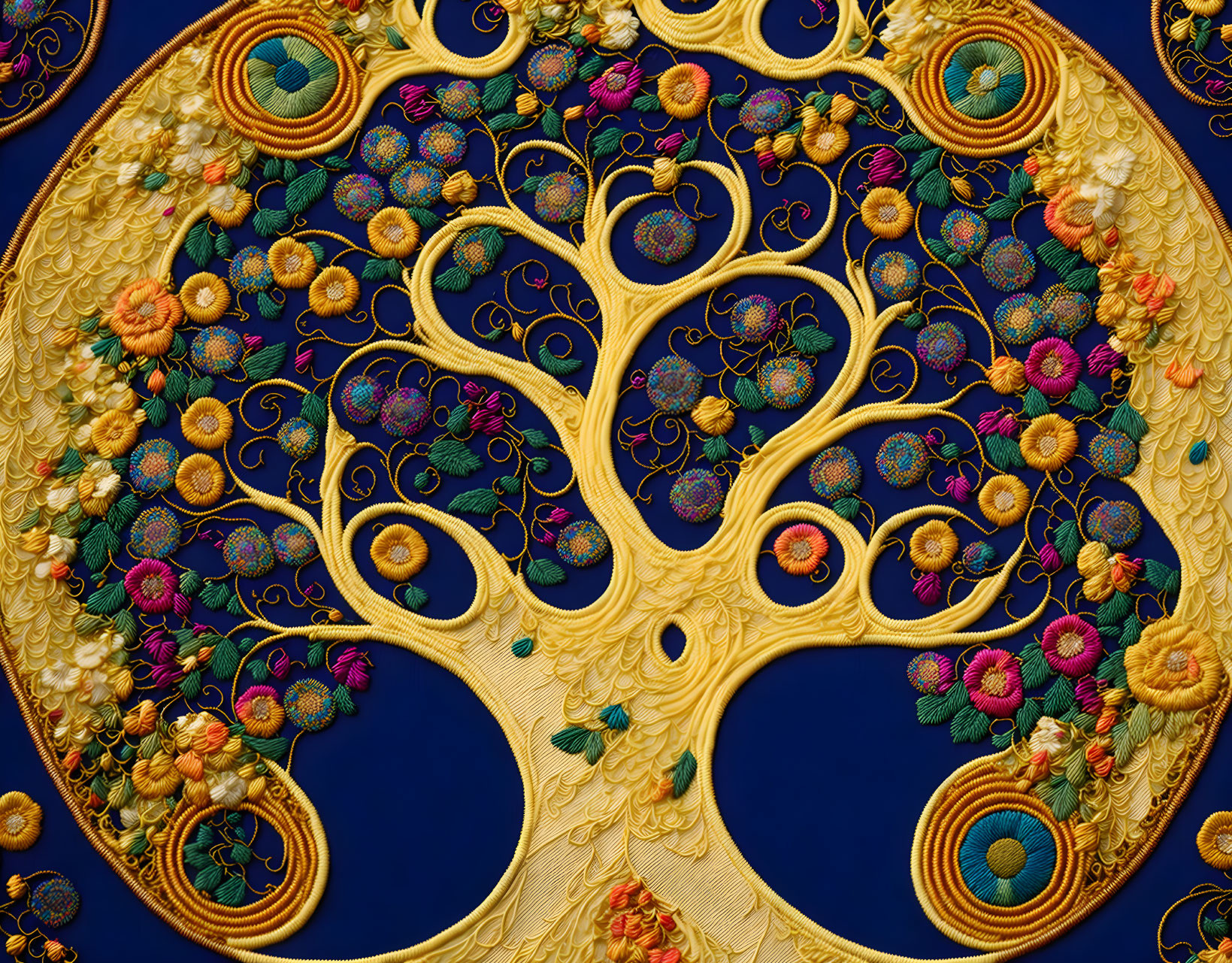 Intricate Golden Tree with Colorful Flowers on Blue Background