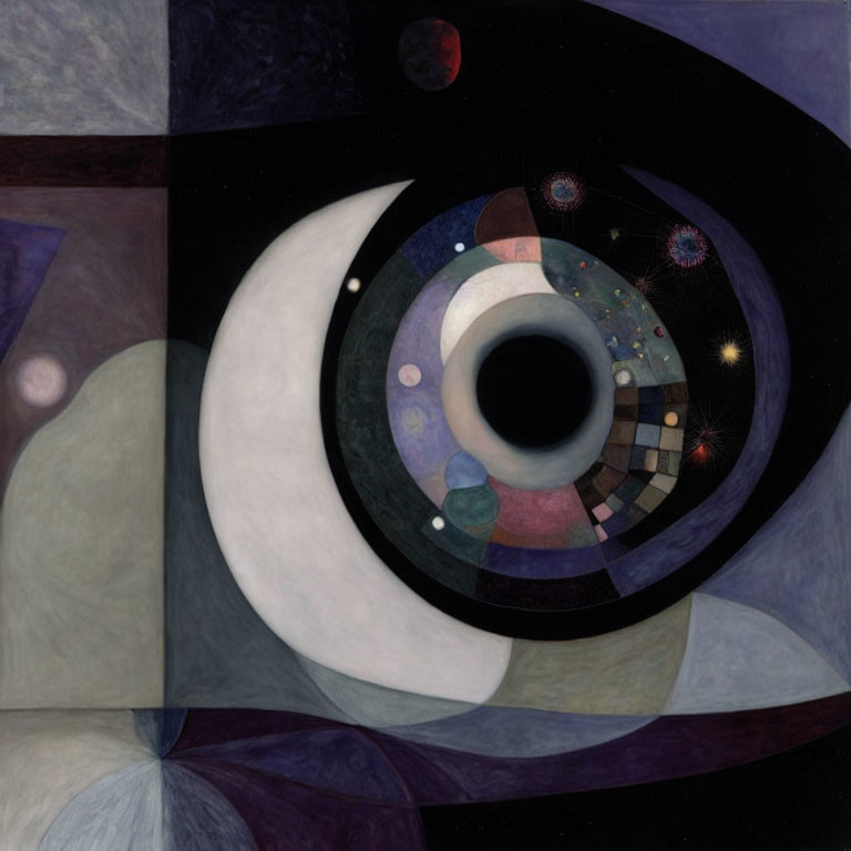 Surreal cosmic art: stylized eye, moons, planets, stars in dark void