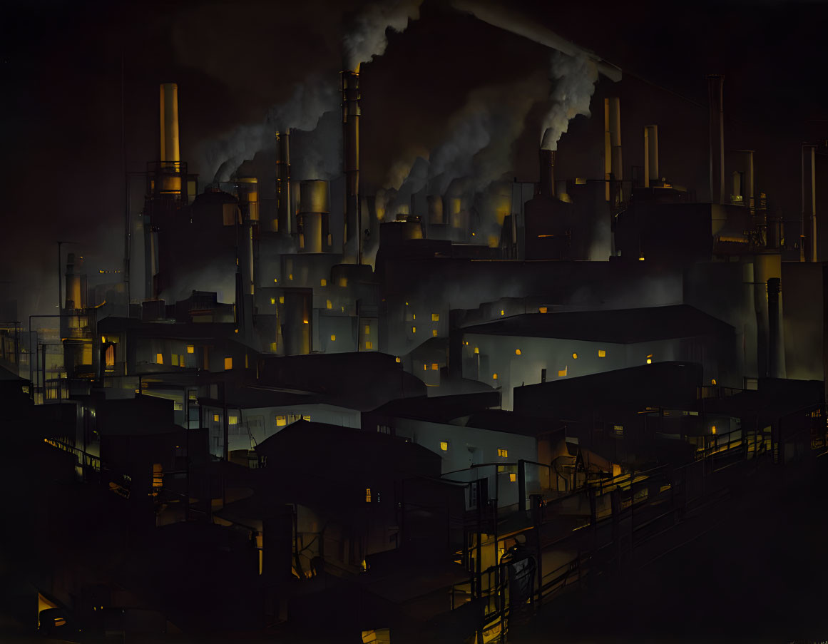 Nighttime industrial complex with smoking smokestacks and dim lighting