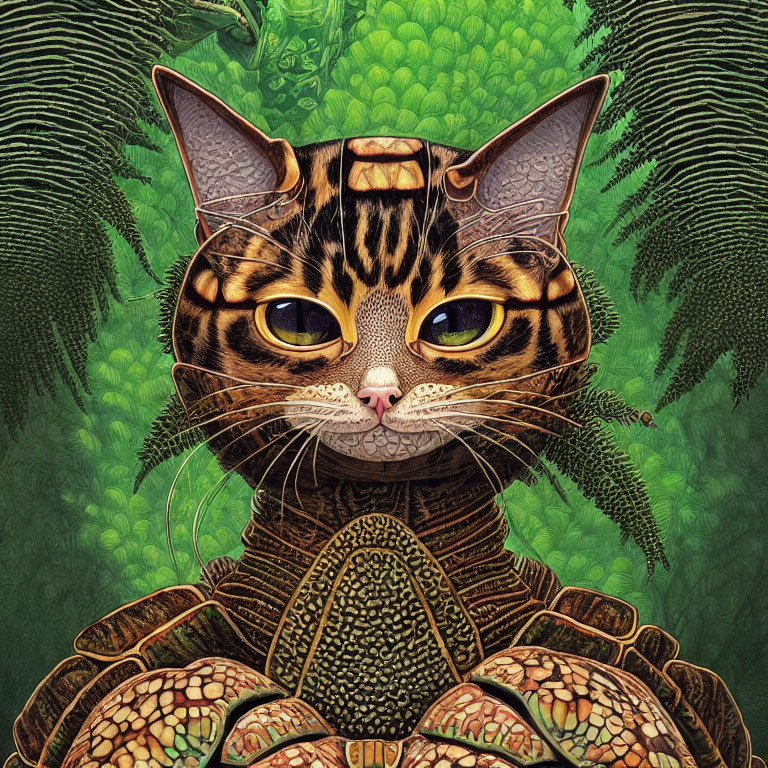 Digital Artwork: Cat with Tortoiseshell Body in Green Foliage