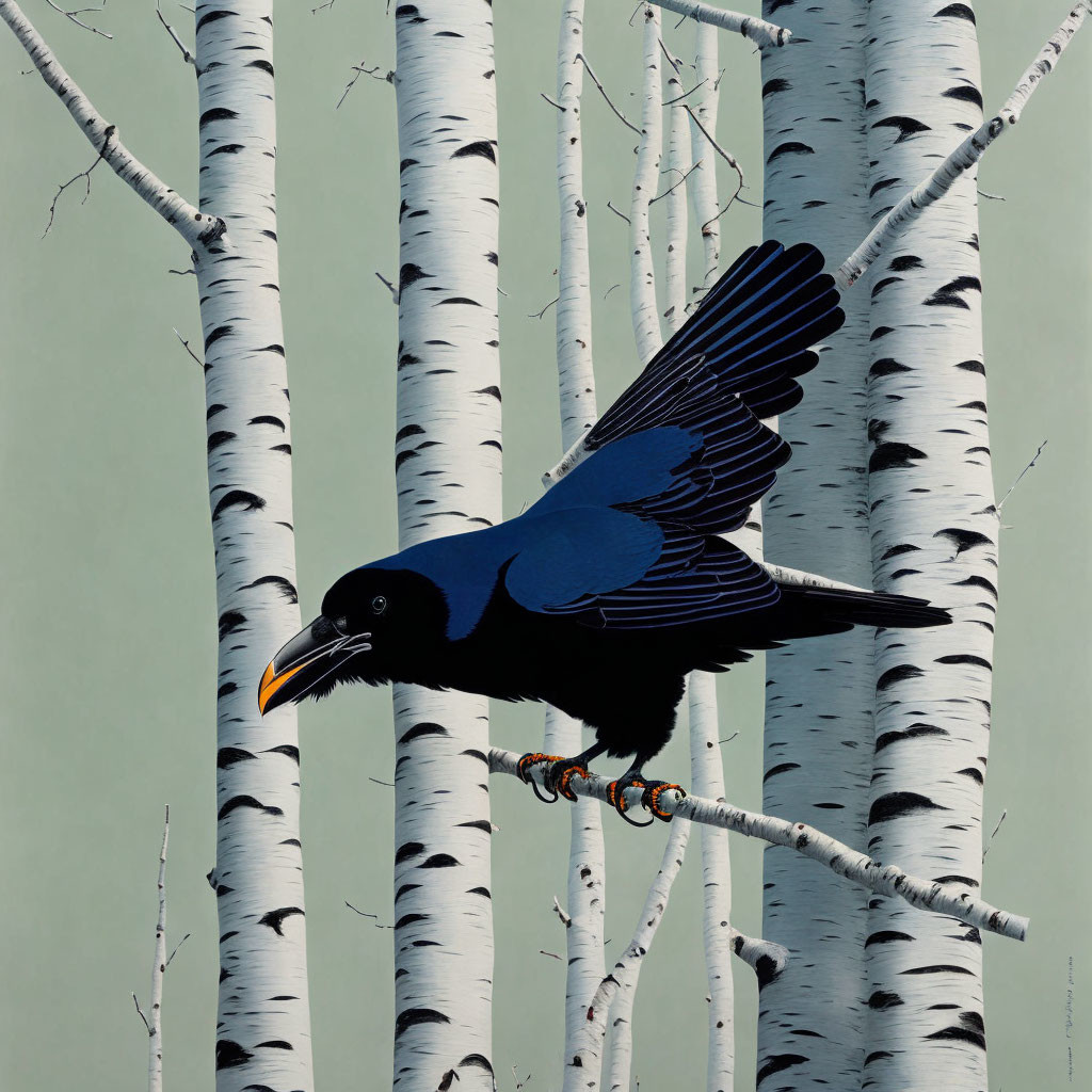 Black crow perched on birch tree branch with spread wings, white trunks, pale green backdrop