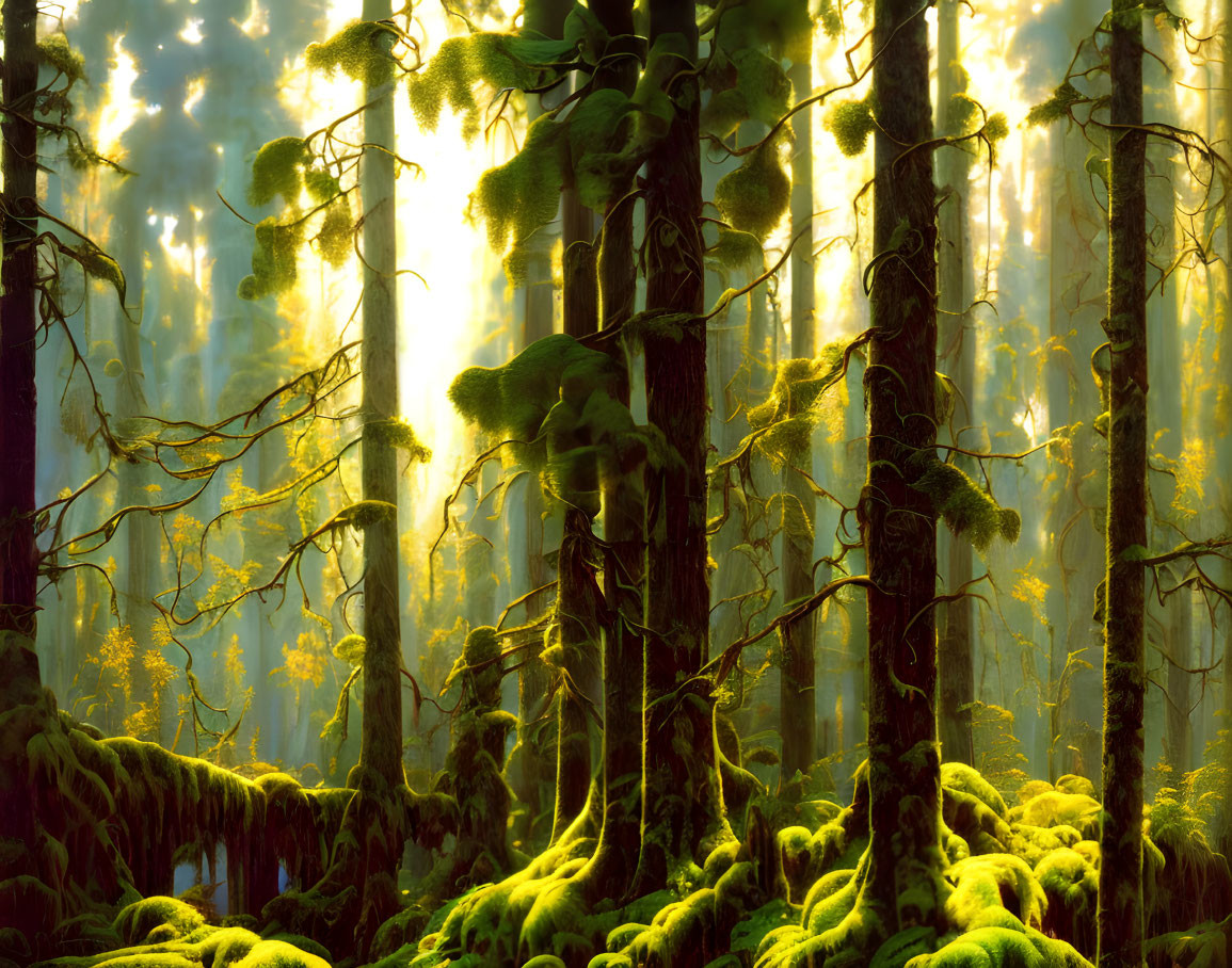 Misty forest with moss-covered trees under sunlight