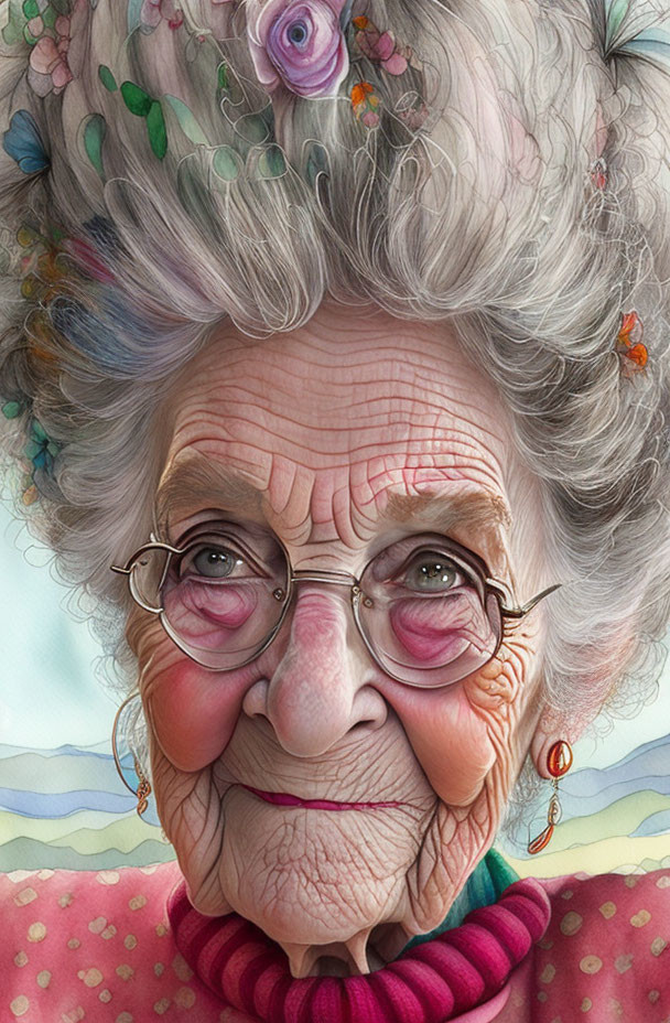 Elderly woman with floral hairstyle and twinkling eyes in pastel portrait