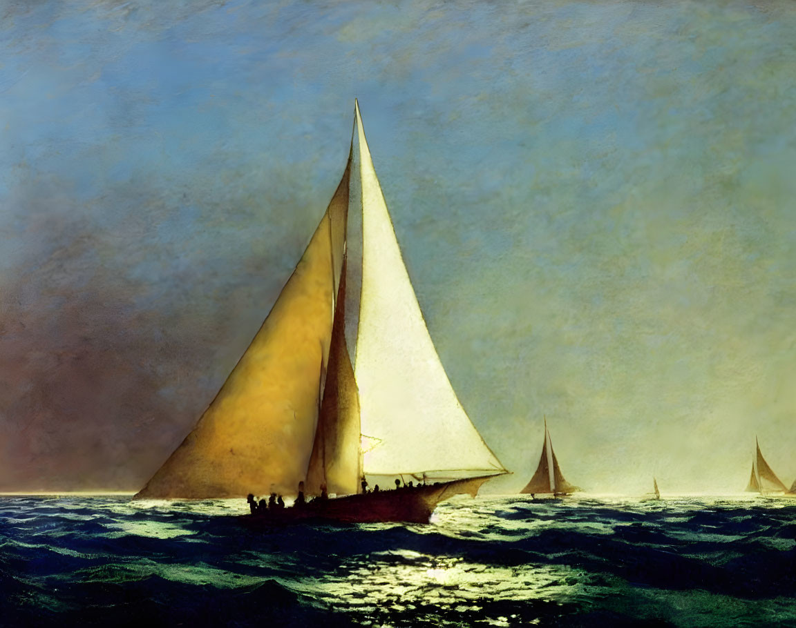 Large sailboat painting on choppy blue waters with smaller boats and hazy sky