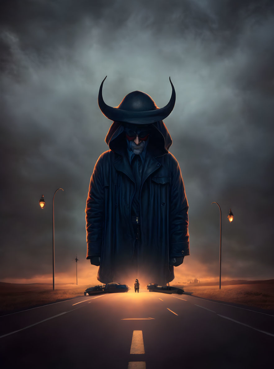 Menacing horned figure on dark road under stormy sky