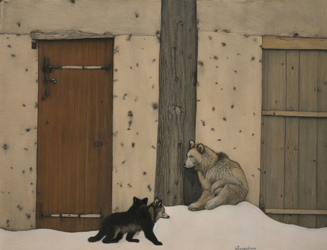 Raccoon and Dog Painting Between Wooden Doors in Snowy Scene