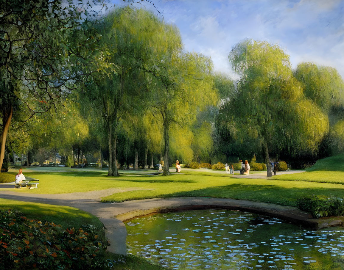 Peaceful Park Scene with Green Trees, Pond, and Sunny Day Activities