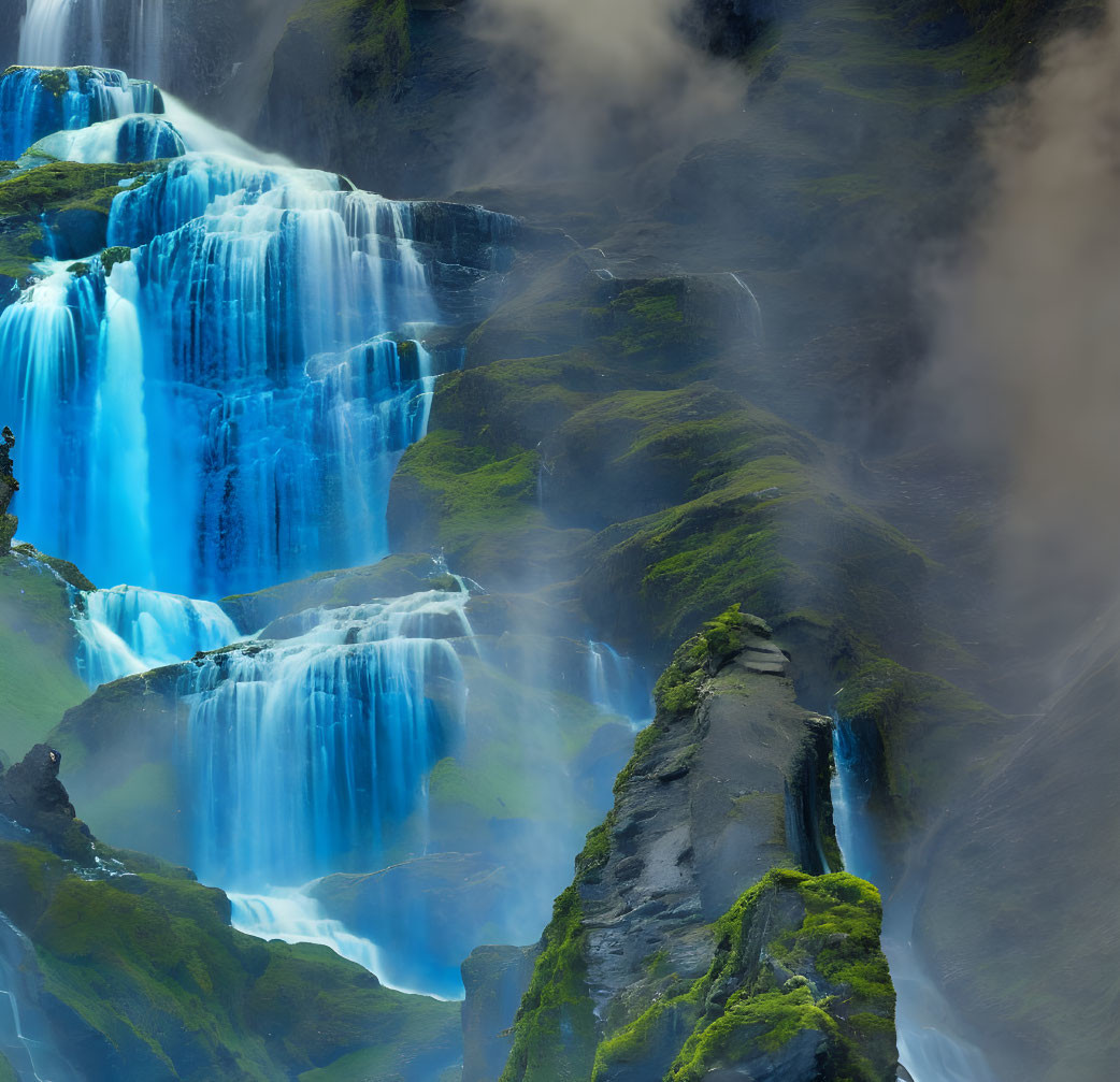 Majestic multi-tiered waterfall with moss-covered cliffs and vibrant blue water in lush green setting.