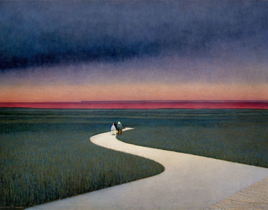 Scenic painting: Figures walking towards sunset by the sea