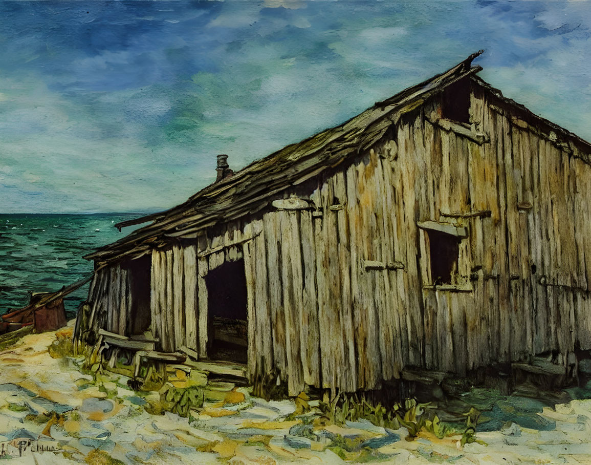 Seaside wooden shack painting with grass and choppy water